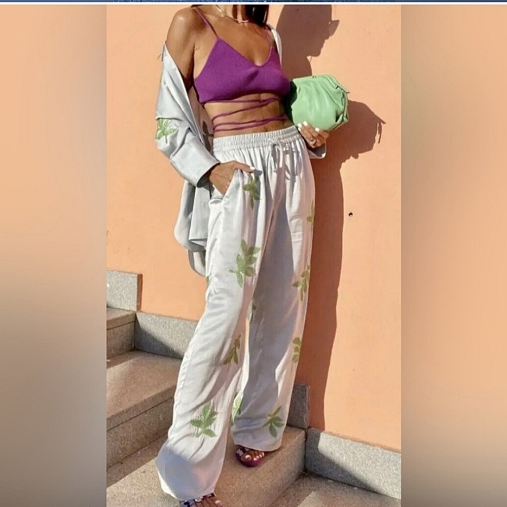 ZARA Set 2 pc Embroided Beaded Leaf Wide Satin Pants and Top size S - Picture 4 of 14